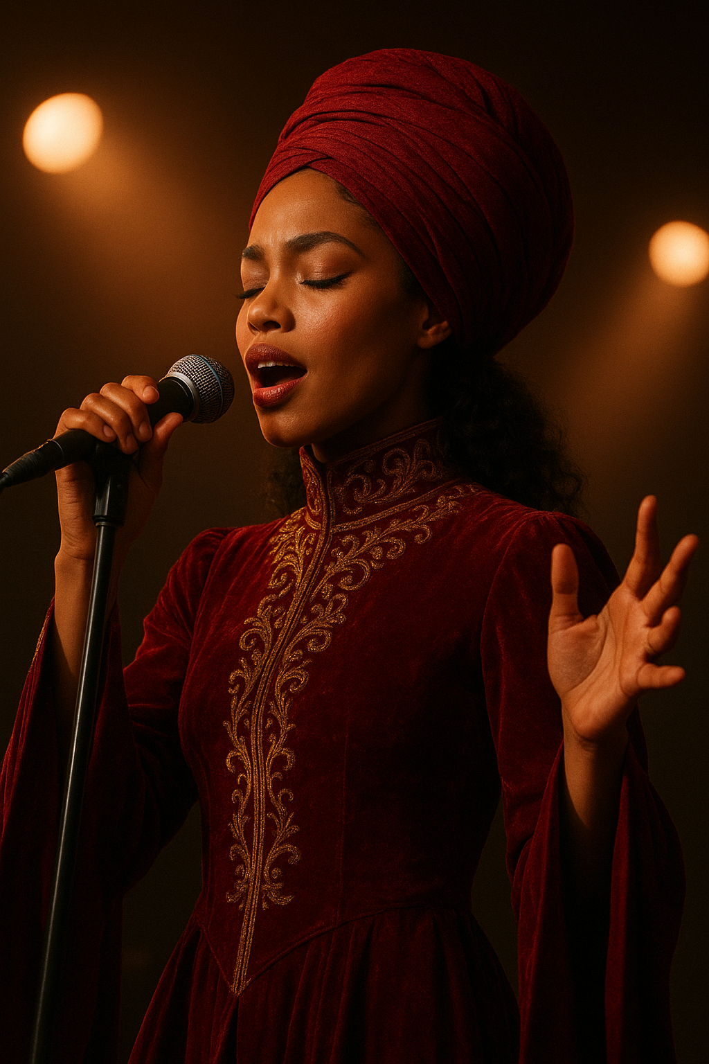 Zanélle Hue performing in red turban and gold-embroidered velvet